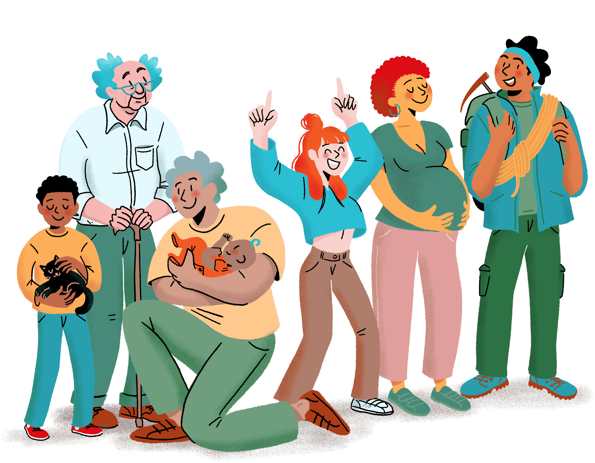 Groupe intergénérationnel incluant un senior, une femme enceinte et un enfant, reflétant la prise en charge familiale de MyChiroWay Chiropracteurs à Pau.