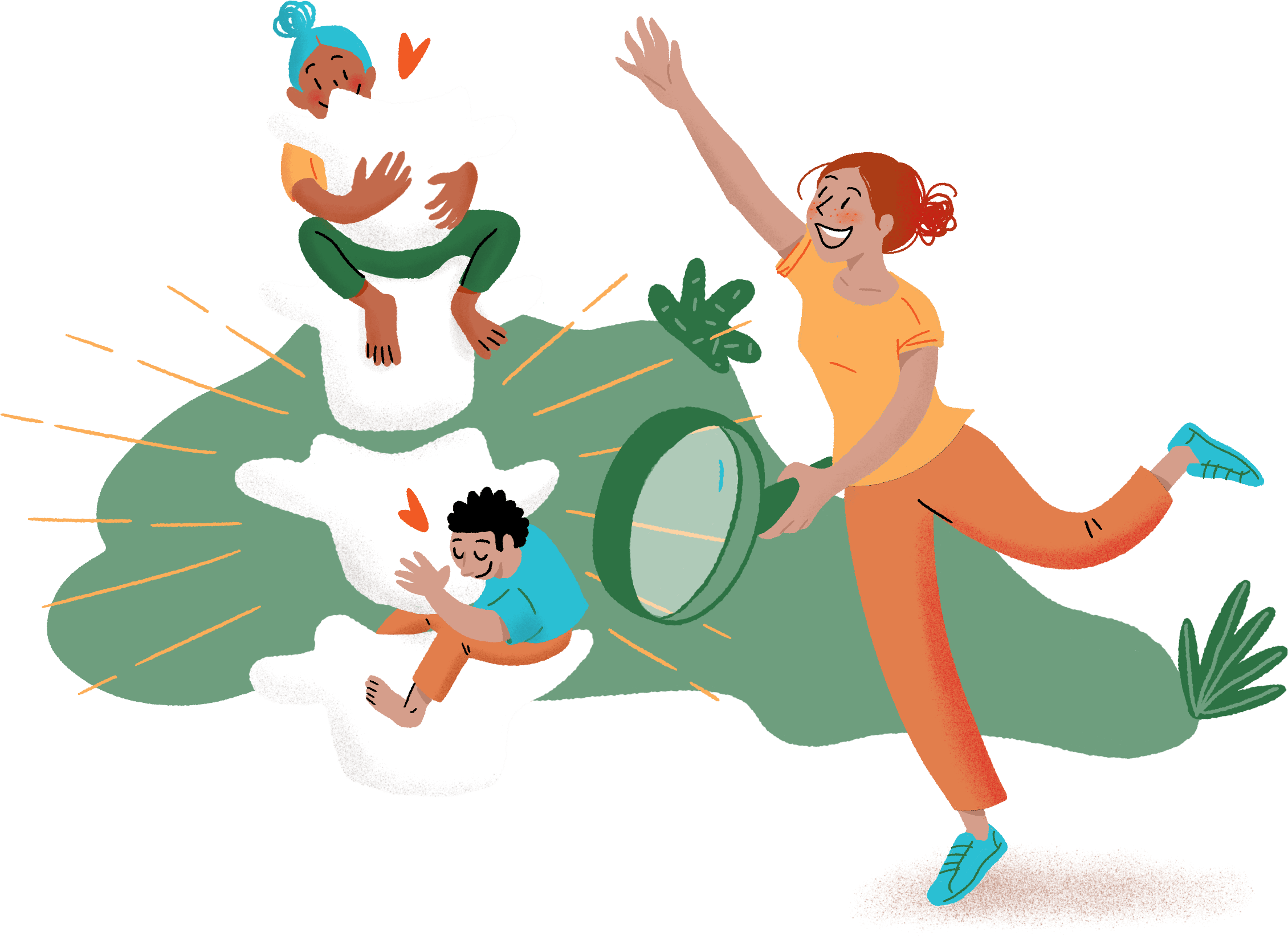 Enfants jouant sur des vertèbres illustrées avec une professionnelle observant la posture, symbolisant l’approche de MyChiroWay Chiropracteurs à Pau.