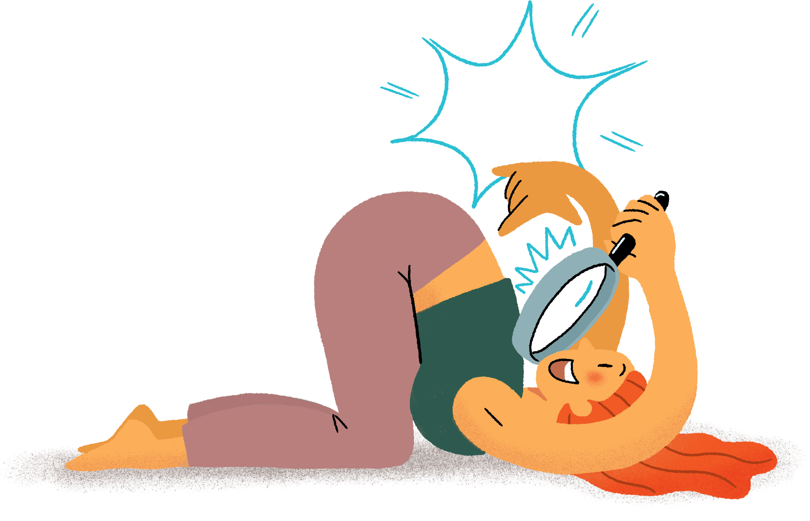 Femme observant sa colonne à l’aide d’une loupe dans une posture inversée, symbolisant l’attention portée par Maurine Brosset Chiropracteur à Pau à la compréhension du corps.