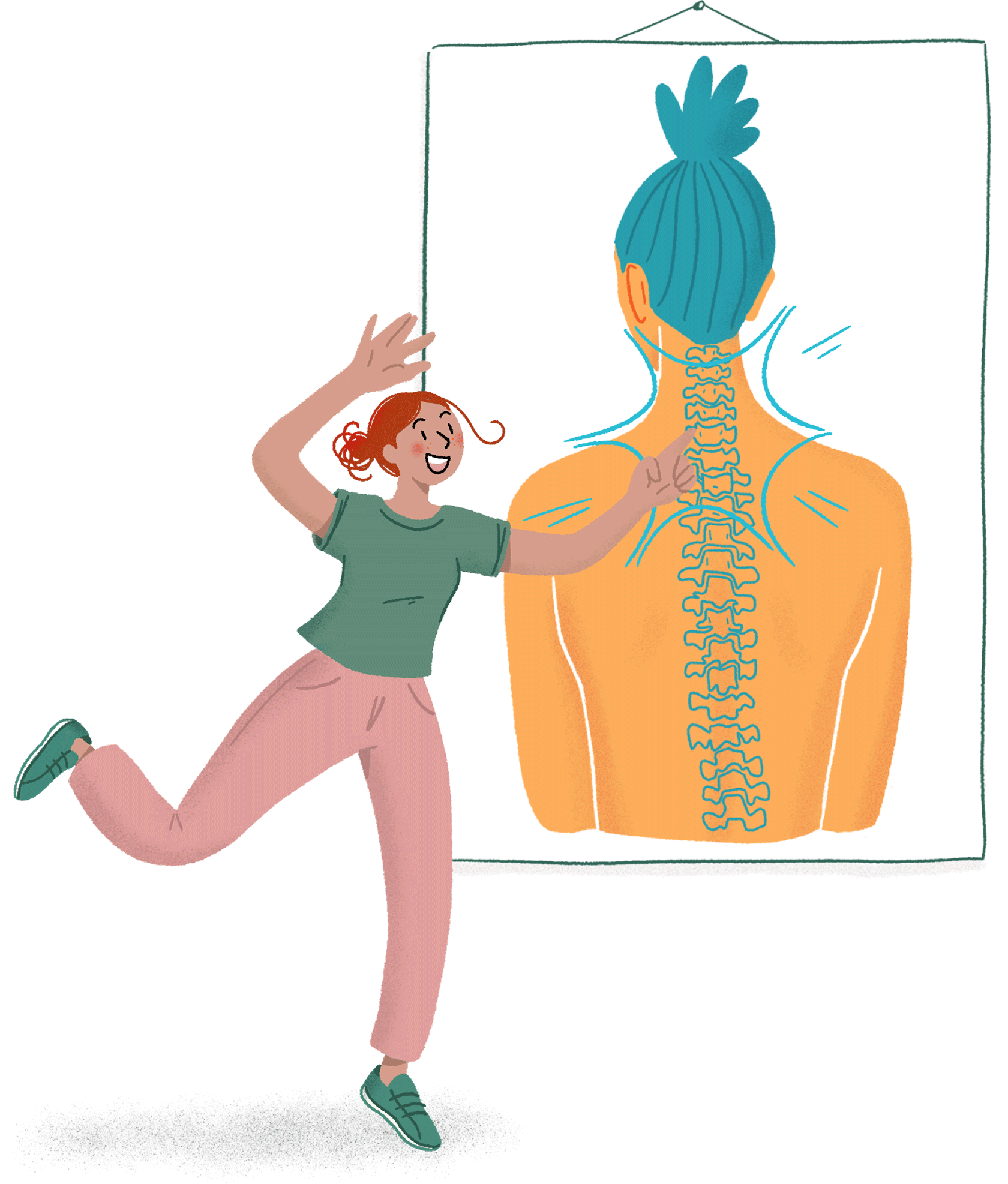 Chiropractrice illustrée présentant une colonne vertébrale sur un schéma, représentant les explications données au centre chiropratique à Pau.