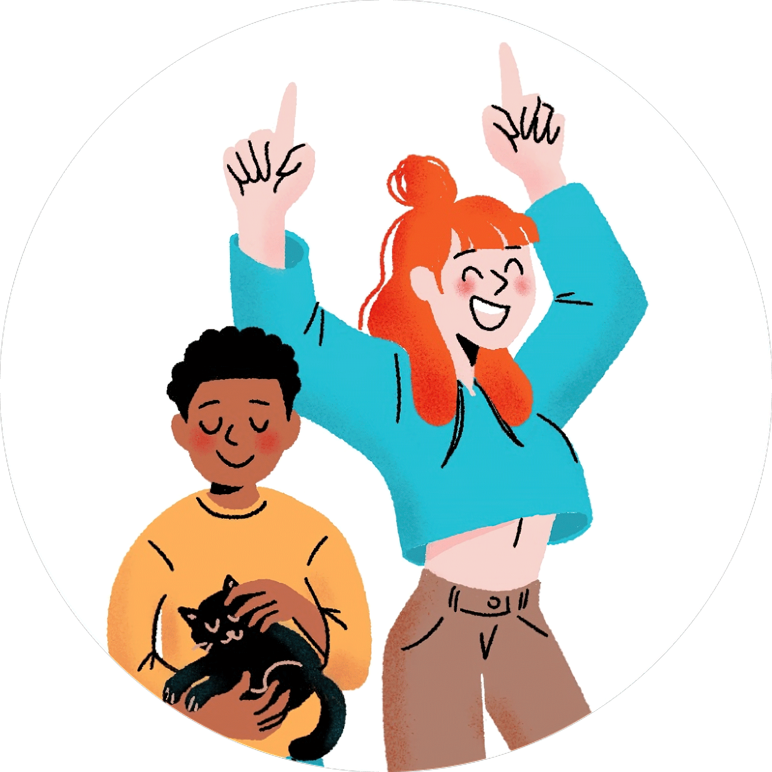 Illustration d’une adolescente enthousiaste et d’un enfant tenant un chat, représentant l’accompagnement des jeunes grâce à la chiropratique.