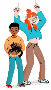 Illustration d’une adolescente enthousiaste et d’un enfant tenant un chat, représentant l’accompagnement des jeunes grâce à la chiropratique.