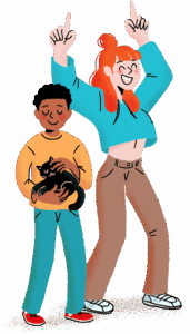 Illustration d’une adolescente enthousiaste et d’un enfant tenant un chat, représentant l’accompagnement des jeunes grâce à la chiropratique.